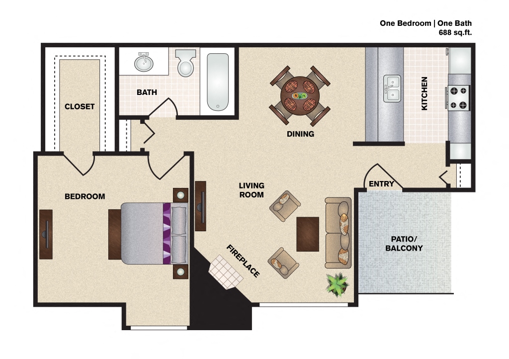Hidden Oaks Apartment Homes One Bedroom One Bathroom floor plan